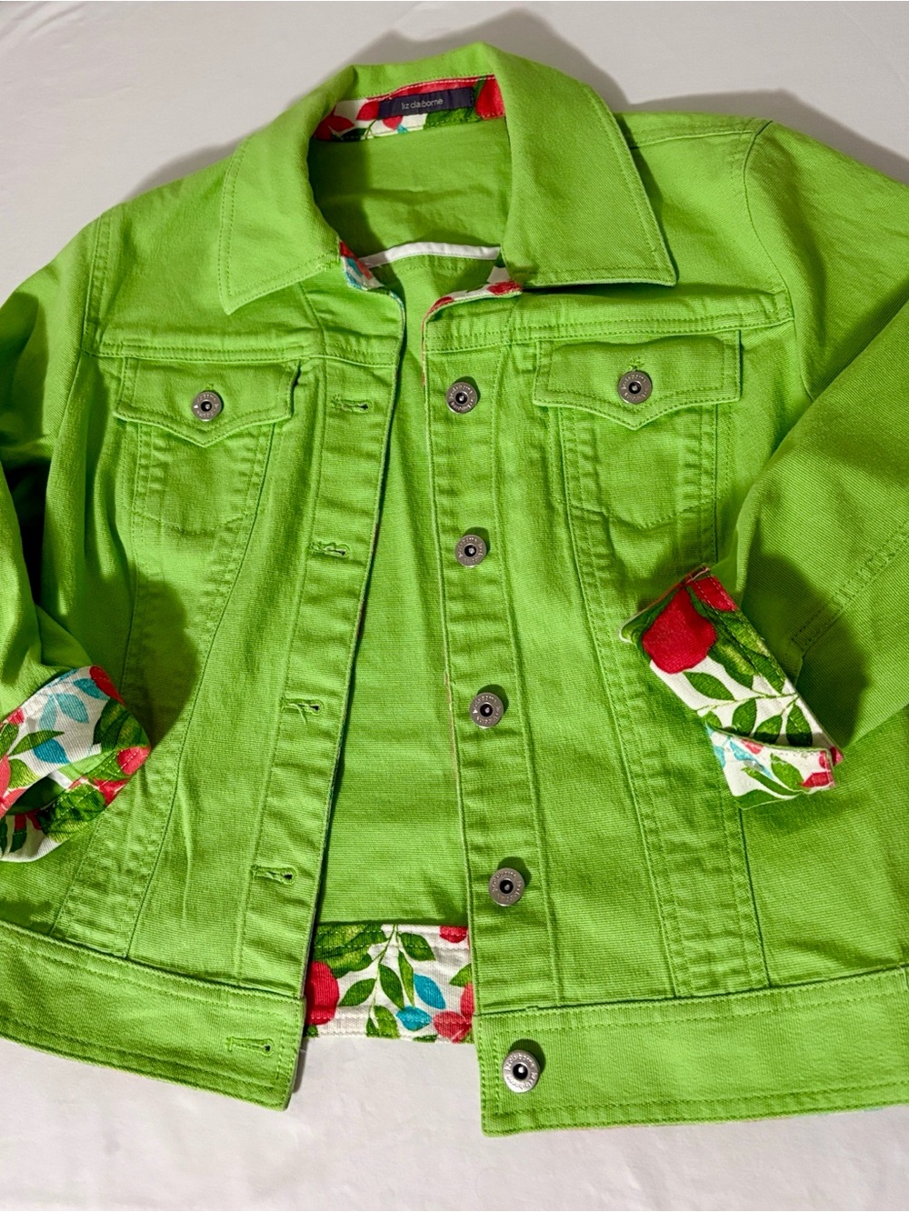 Liz Claiborne Lime Green Button Front Denim Style Jacket Floral Trim Size S